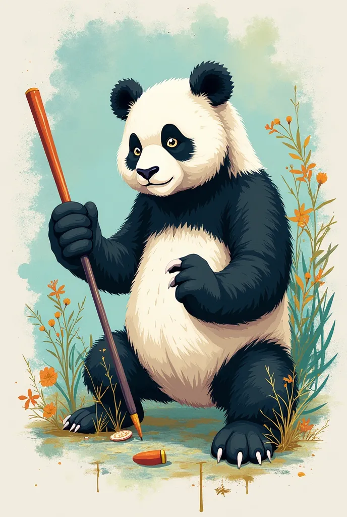 Create a vibrant and modern illustration for a portfolio called “PandaCraft”.  In the center of the composition , portray the character Panda from the anime Jujutsu Kaisen, maintaining its characteristic features and style, with a charismatic look faithful...