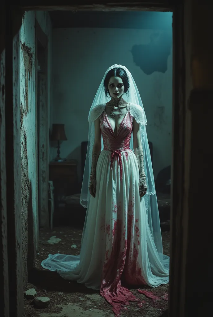 "In a decrepit mansion, a blood-soaked bride with hollow eyes and torn gown is emerging from the shadows, exuding a chilling malevolence. Ultra-realistic, high detail, dark and terrifying atmosphere"
