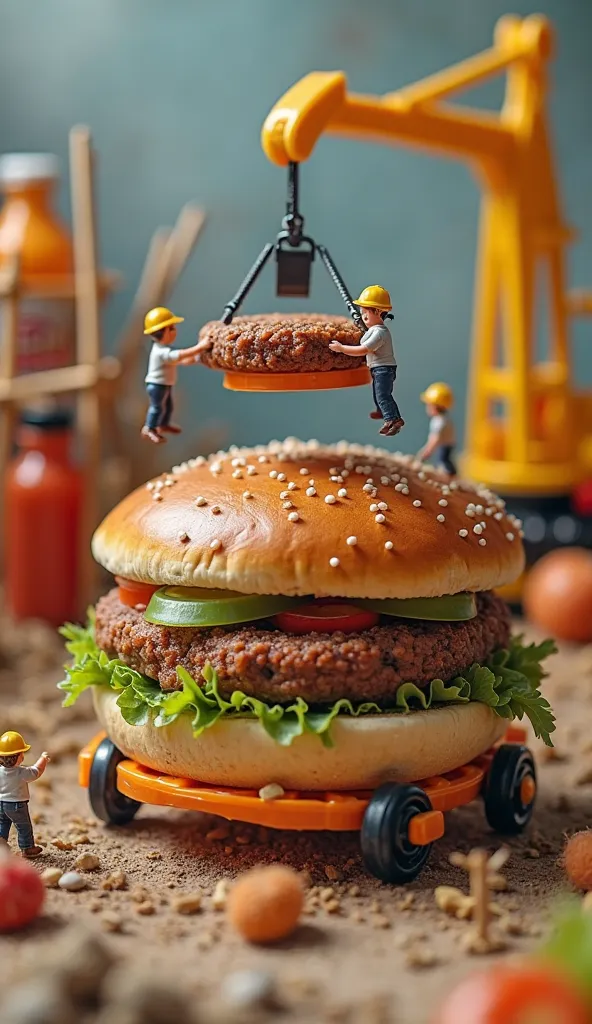 A team of tiny chefs wearing hard hats rolls an oversized burger patty on a makeshift cart made from a bottle cap. They use spatulas as levers to lift the patty onto the bun. A toy crane swings the patty above the bun as tiny workers guide it into position...