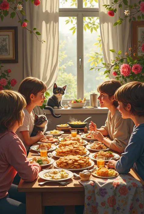 template for filling out games and mailing players, , which is a Maslenica card,  kitchen, signature hot pancakes,  on the table, with honey and butter, Fruit,  are in the center, the kitten looks at them. We see several people at the table, которые праздн...