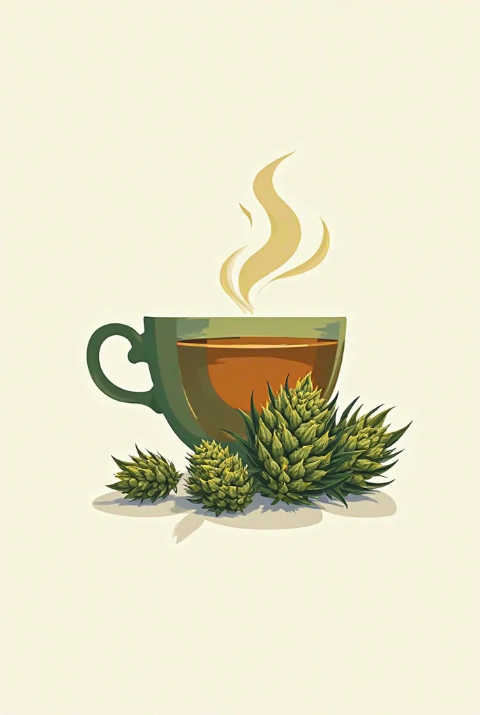 logo, with brewed tea and cannabis buds lying next to each other