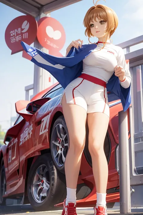 A beautiful girl in a white miniskirt standing in front of a red racing car, High Detail, wear (Tight shirt:1.2), Beautiful Korean girl, Korean pop idol, Beautiful and delicate face, (Attractive fitness woman:1.3), (Tempting:1.1), (blush:1.1), red lips, Ho...