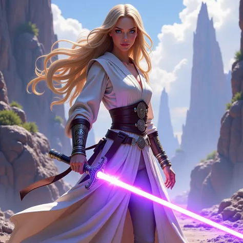 white skin woman Jedi knight with purple lightsaber, blond hair 