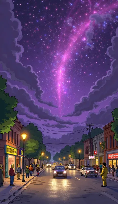 A nighttime scene in Springfield, with the city streets glowing under the warm streetlights. The sky above is unusually bright, with a vivid and surreal purple hue that dominates the night, giving the whole scene an eerie yet mesmerizing feel. The stars ar...