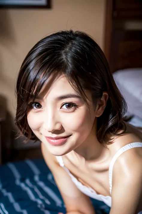 A cute 35-year-old Japanese woman、is standing on all fours in the bedroom。With short black hair、wears white underwear、looking at the camera with a smile even though she is slightly embarrassed。