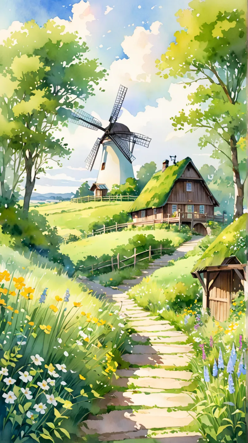 A charming countryside landscape painted in a vibrant watercolor style, dominated by lush green and soft yellow-green hues. A picturesque windmill with a natural earthy-green exterior and a moss-covered roof stands on a small hill, blending harmoniously wi...