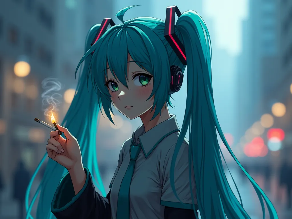 But it wasn't the Miku we were used to this. That blue hair blew the smoke a little messy, the iconic twin tails had drooped a bit. Their green neon earbuds hung around his neck. He had a burning cigarette in his hand, heavy. cold weather, mixed with cigar...