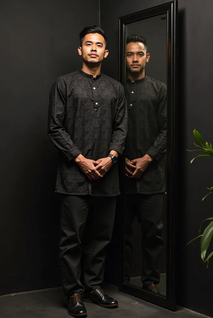 arafed man in a black shirt and black pants standing in front of a mirror, a portrait inspired by Henric Trenk, tumblr, dau-al-set, in style of davey adesida, batik, full - view, official product image, barong family, barong family member, black main color...