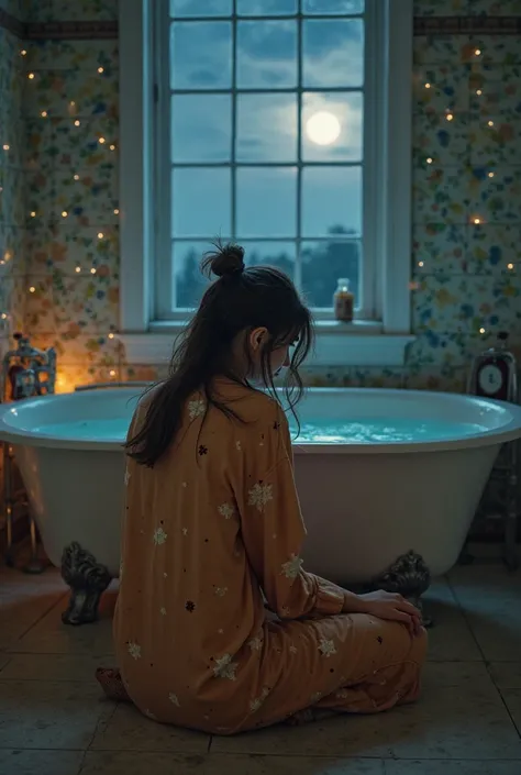 A picture of the cover of a book showing a young woman sitting on the floor near a bathtub full of water inside the bathroom room with her back towards us and leaning on the edge of the tub wearing an autumn color pajamas whose hair is randomly tied and th...