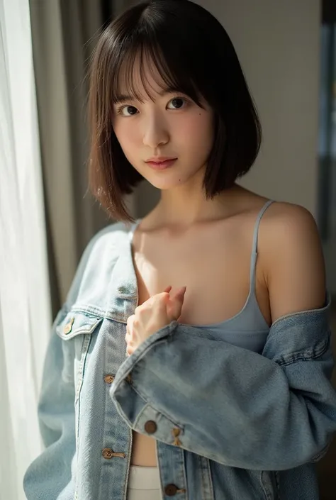 ( color photo ),  realistic photos of beautiful Asians 、 slim abs, (Dark Brown Short Haircut ),  flat bust , Round shaped breasts, Perfectly Shaped Breasts,((light blue bra )),(( jeans denim jacket with light flowing from right to left , deep neckline)),  ...