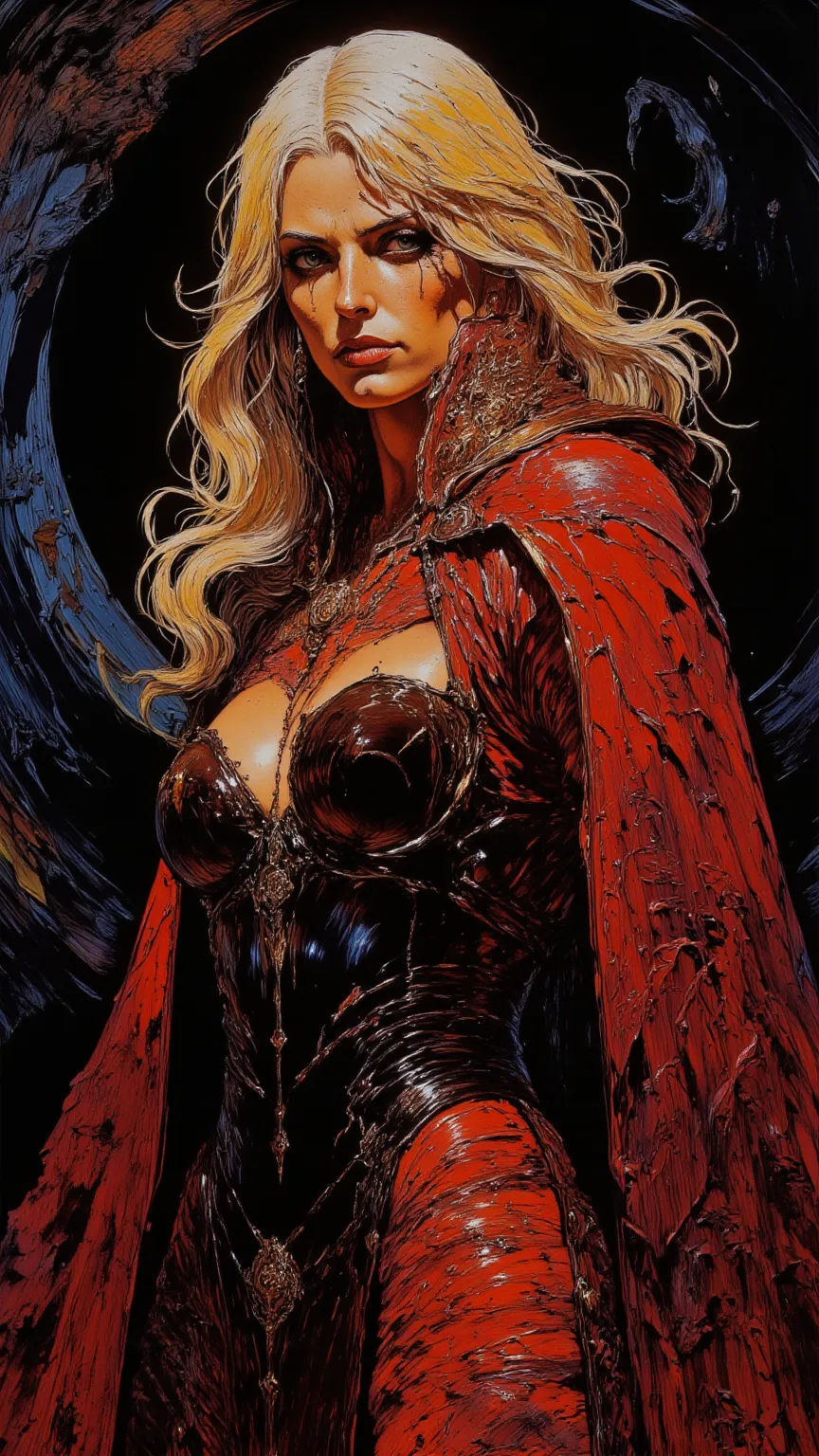 An amazing 30-year-old gothic sexy woman，long blond hair，Full body shot，red embroidered costume.