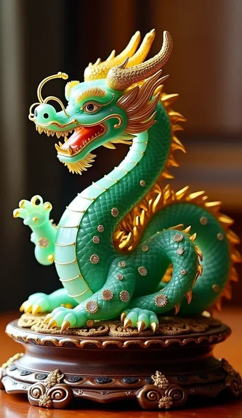 A majestic dragon crafted from jade and gold, adorned with sparkling diamonds, exuding luxury and prosperity. The dragon is intricately designed with fine details, its scales shimmering with a mix of emerald green and golden hues. It is positioned on an or...