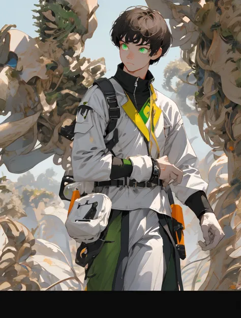 A full-body, high-resolution, masterpiece image of a lone boy. He has a black mushroom haircut and intense green eyes, fixed directly on the camera with a serious expression. He stands in a confident fighting stance. He is wearing a military uniform and a ...