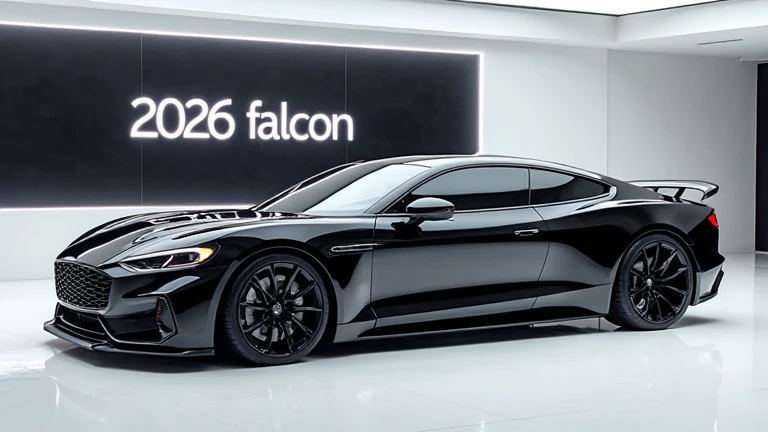 A captivating image of a 2026 ford falcon taking center stage in a luxurious white showroom. The futuristic, vibrant black exterior gleams, showcasing its sleek, aerodynamic design and bold accents. The words "2026 ford falcon" are prominently displayed in...