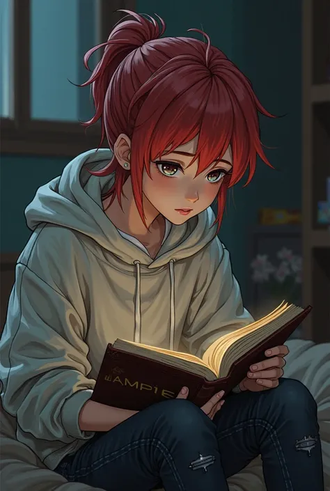 Anime boy, baggy hoodie, red hair tied in a ponytail, vampire novel on his hands