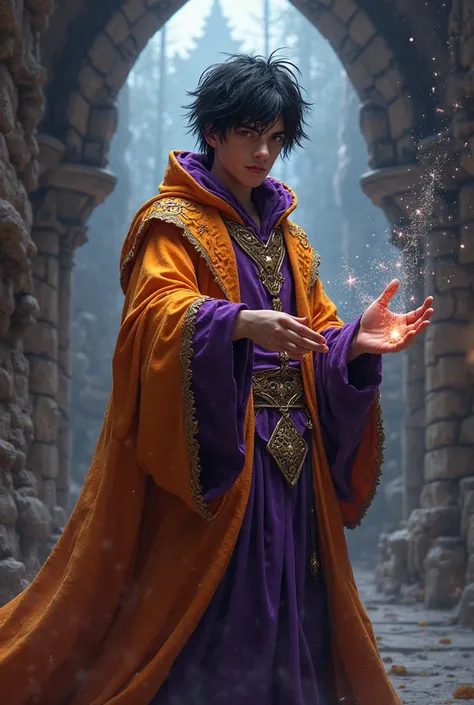 a medieval magician ,  with black and frizzy hair  , 23 years old  , Wearing orange and purple clothes 