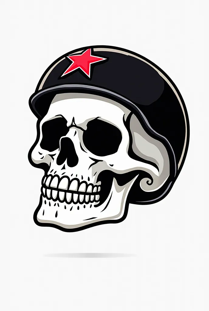 head of skull in white color and black outline wearing black skateboard helmet. In skateboard helmet have red star logo. the photo must be in white background and make it as cartoon looks.