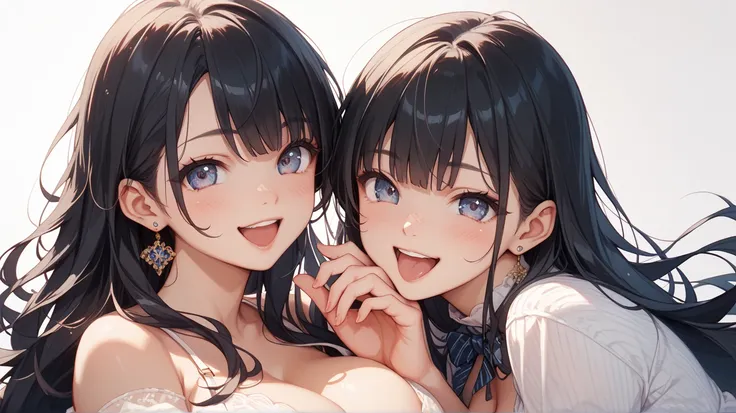 1 girl、cute、 black hair long hair、simple background、Big Breasts、Sisters、Laugh together、 has red cheeks