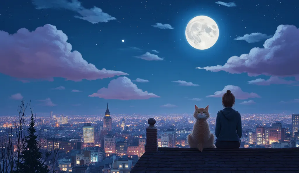 The cat and its owner sit on a rooftop with exaggeratedly sloped tiles and twisty chimneys. The moon is huge, glowing softly with a friendly face that smiles down at them. The sky is filled with oversized, fluffy clouds in pastel shades of pink and purple....