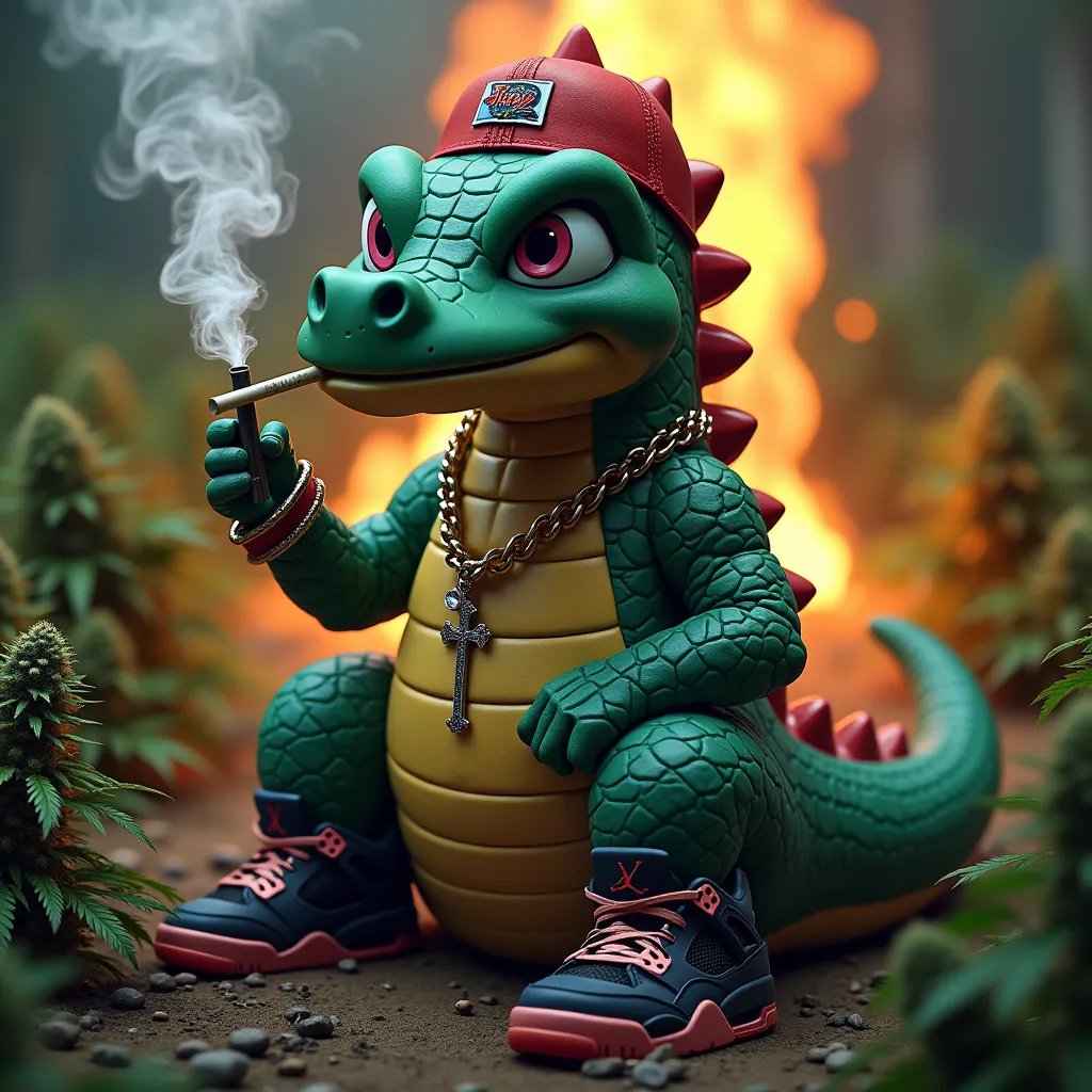 Create me a Totodile smoking a joint with a New York Yankees , Gorra Gucci , With a pendant a rosary with a pink cross and with Jordan 4 black. Then in the background a marijuana plantation burning in flames