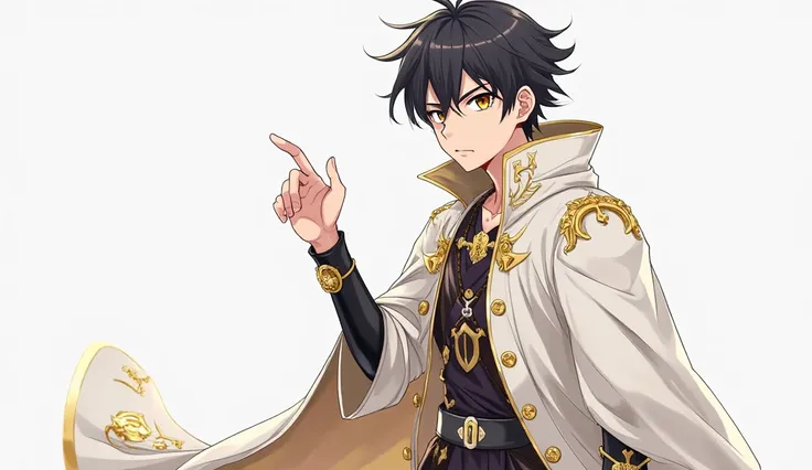 Anime style illustration of a young man with dark hair and a serious look. He is wearing a long white cloak with gold accents, decorated with gold patterns and buttons. his arm is raised and his palm is turned in our direction, he stands sideways, in a fig...