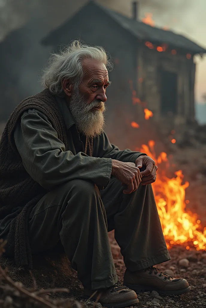 An old old old man's fire was burning on his shoulder and he sat sadly in front of the burning house he cried