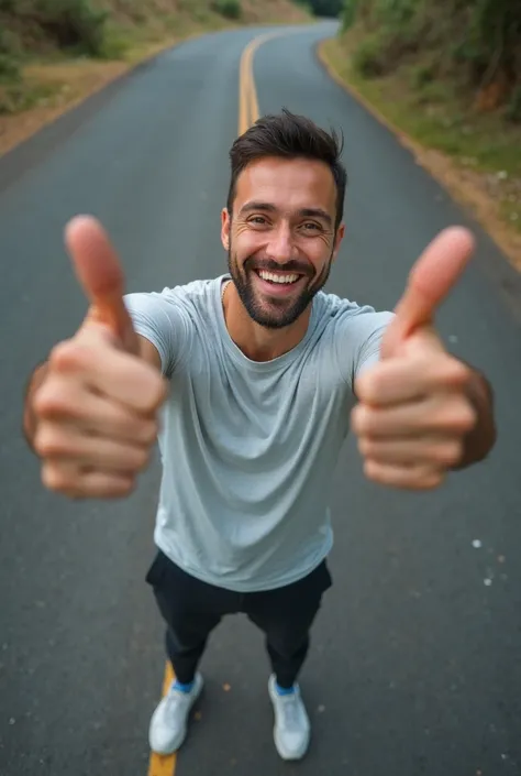 man smiling and wearing sports clothes t-shirt and pants and holding bread in right hand and making an "perfect" gesture with his left hand  standing in road top view photo from above
