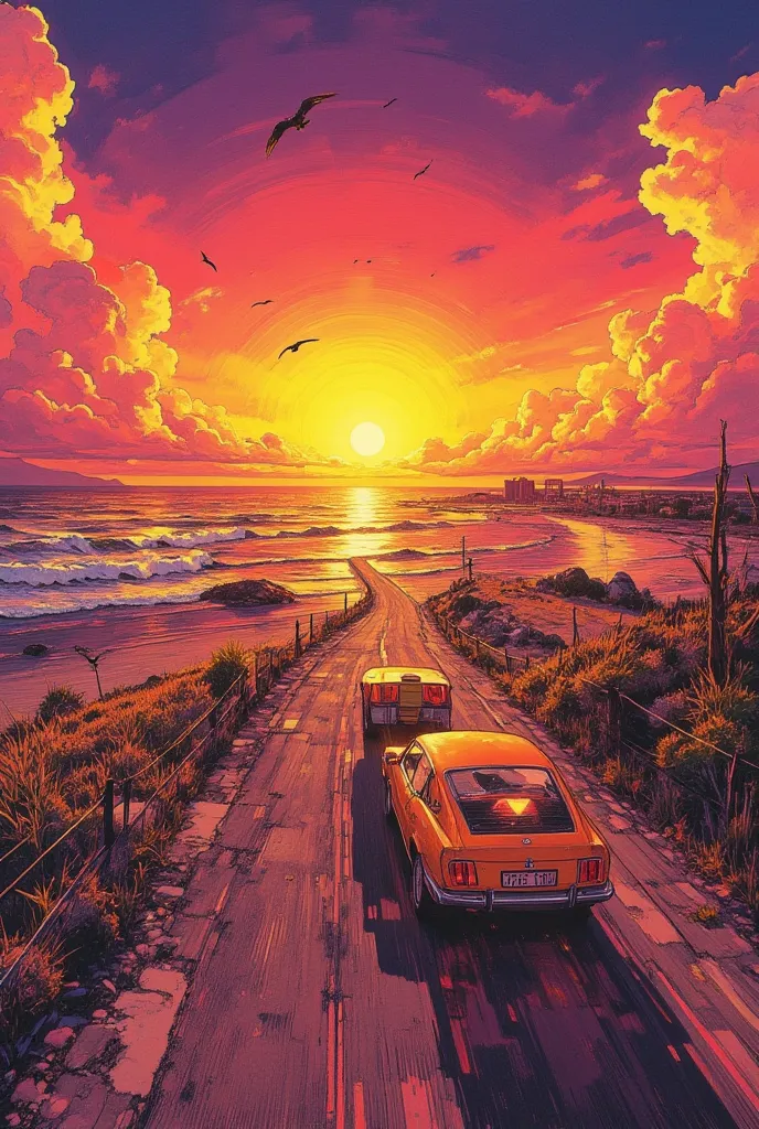  cars that run towards sunset(root force)The art of 's, The road continues towards the sunset,Emphasis on perspective ,The part near the sunset、The farther part stretches out, the sunset is reflected on the surface of the ground or water(path of light)Do,W...