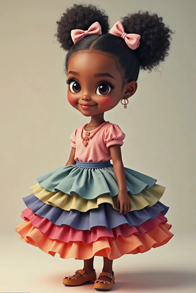 A  black one, with curly hair, tied in two bows above her head, wearing a pink blouse with a skirt of several cloths superimposed one on top of the other in a colorful color 