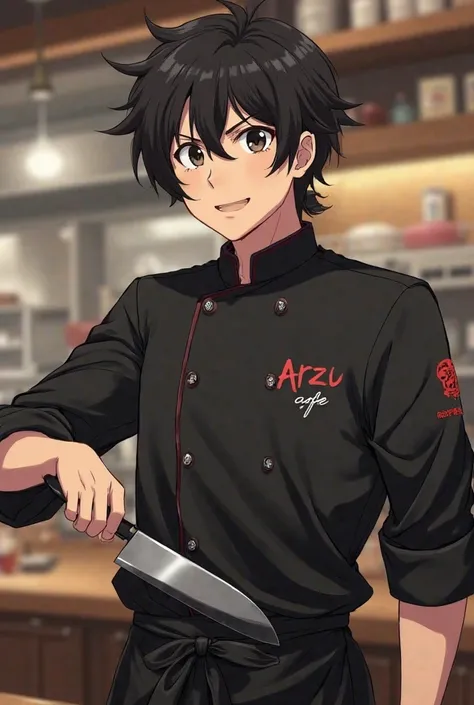 Transform the photo into a 35 year old male anime style, sigma male facial expressions in anime character shokugeki no soma.
Black-haired in the style of curls, not very long. Wearing a black chef uniform with Arzu cafe logo, chef uniform while holding a g...