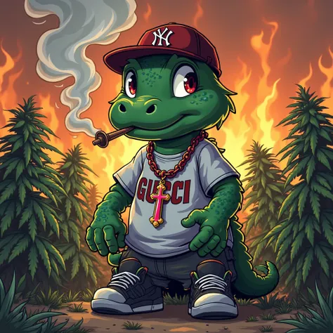 Create me a Totodile smoking a joint with a Gucci t-shirt , gorra NY yankees , with a rosary pendant with a pink cross and with some Jordan 4 black. Then in the background a marijuana plantation burning in flames