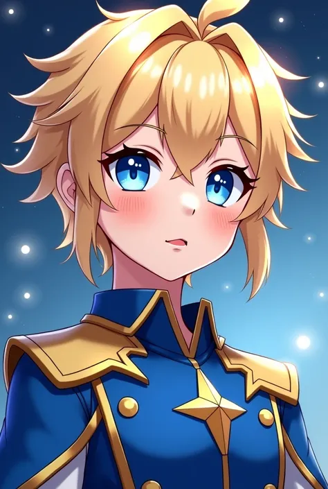 anime character with blue eyes and blonde hair in a blue outfit, a character portrait inspired by Li Chevalier, pixiv contest winner, process art, portrait of magical blond prince, ezreal (league of legends, shadowverse style, zerochan art, key anime art, ...