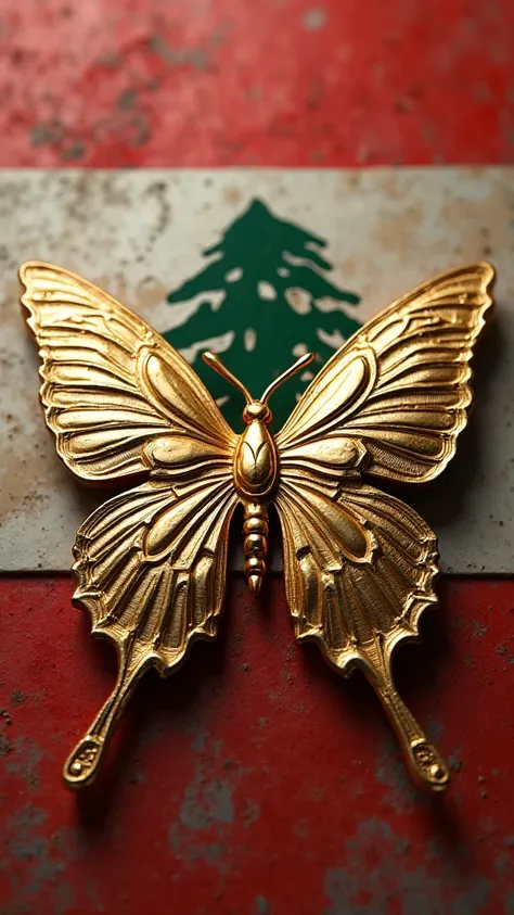 Create a round 3d logo for the name NANIO in gold color, WITH Lebanese FLAG background combined with one of the butterflies 