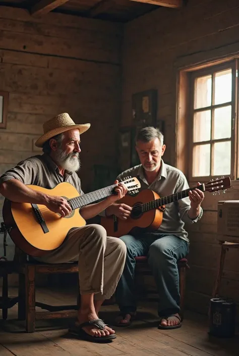 Two men sitting in a humble house, playing the guitar together. The house has simple wooden walls, with few furniture and soft light coming through an open window. One of the men, with a beard and straw hat, strings the chords while the other, with short h...