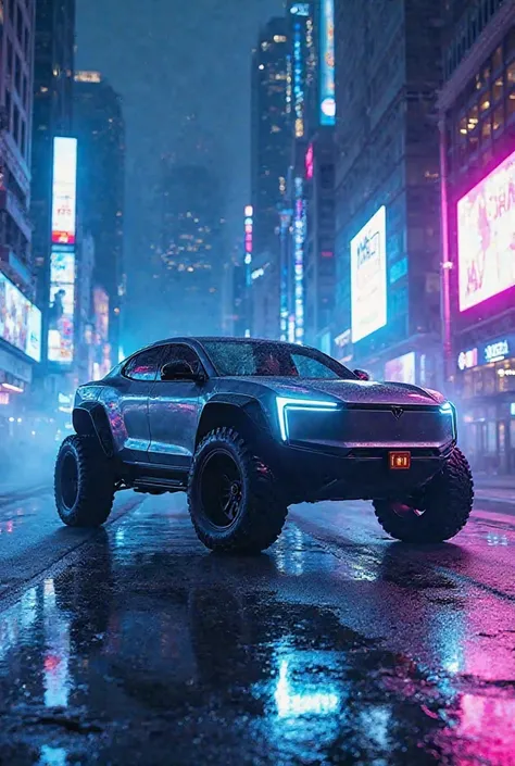 "A futuristic Tesla Cybertruck parked in a neon-lit city at night. The vehicle has a sleek, angular stainless steel body reflecting the vibrant blue and purple lights of the urban environment. The headlights glow intensely, illuminating the wet road surfac...