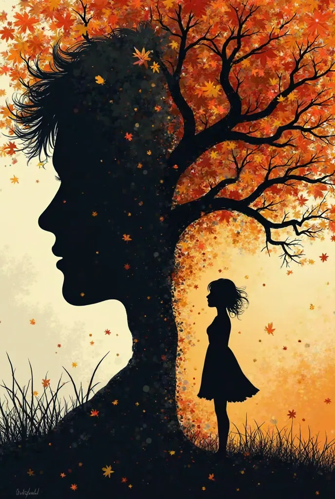 I want a picture of the cover of my novel 
It has the head of the shadow of a young man in a medium transparent black color. On the left page on the right, there is a large autumn tree along the cover and on its side is the shadow of a  wearing a dress wit...