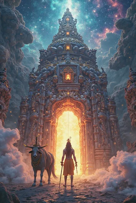 "A breathtaking and ultra-realistic 3D render of Lord Shiva and Nandi standing at the entrance of a magnificent celestial temple floating in the sky. Lord Shiva, radiating divine energy, holds his Trishul while Nandi, the sacred bull adorned with golden or...