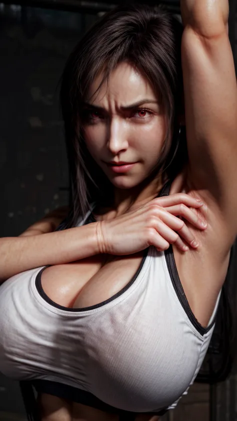 {left armpit close-up},masterpiece, best quality, tifa lockhart, red eyes, (white crop top, suspenders:1.2),(((((((armpit,armpit smell, Armpit muscles))))))), (left arm up,arm up close-up shot,under arm close-up shot:1.5) ,(looking at viewer:1.5),(Frown, c...