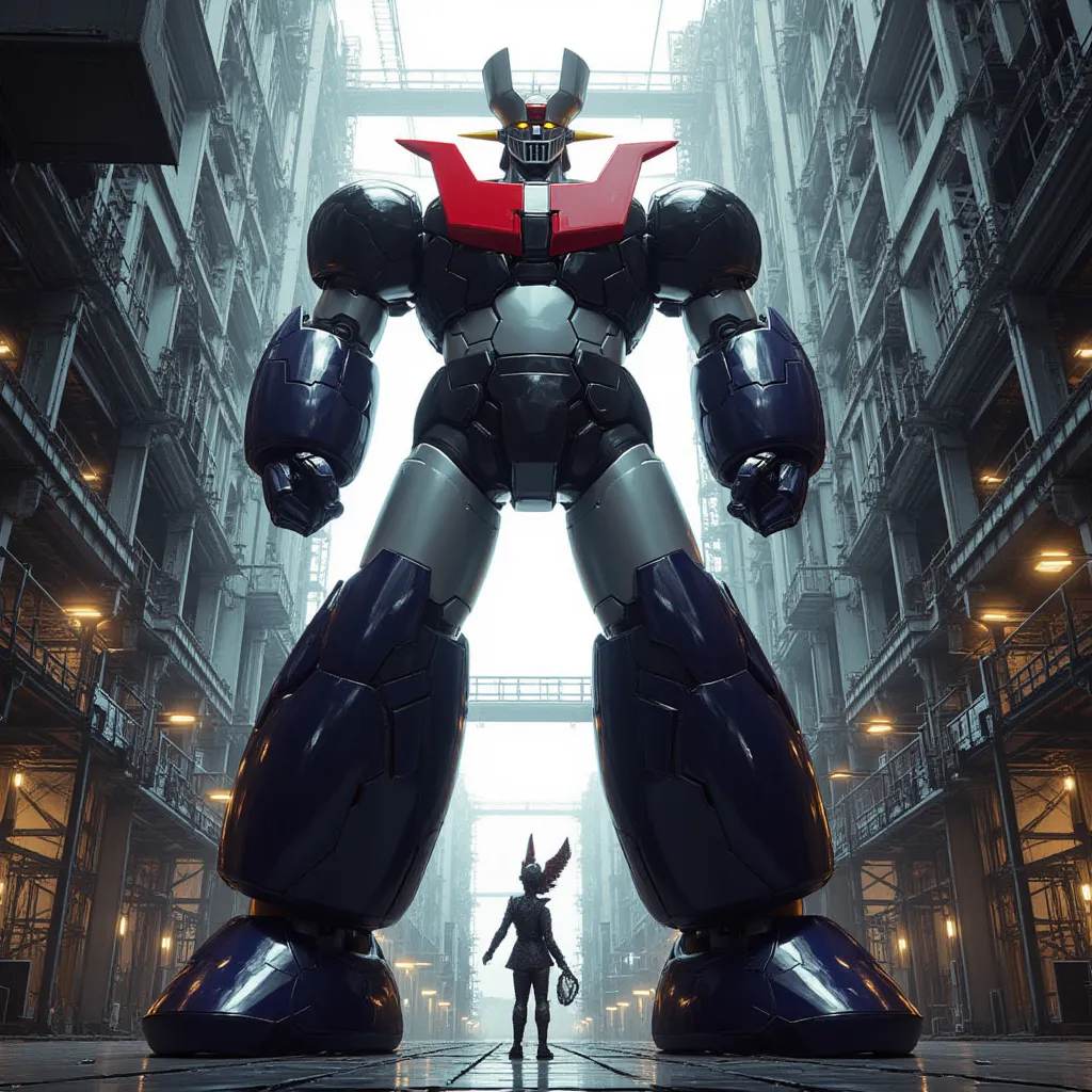  Modified Mazinger Z ,  Mazinger Z is 100 meters tall.  steel ,   Carbon Fiber  ,   Other industrial elements are also visible  ,  Just like the real thing  ,   I'm standing ahead at the height of a high-rise tower where high-voltage current flows and emit...