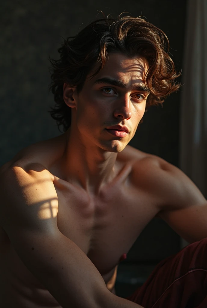 Timothee Chalamet posing in a sensual pose, realistic, high definition