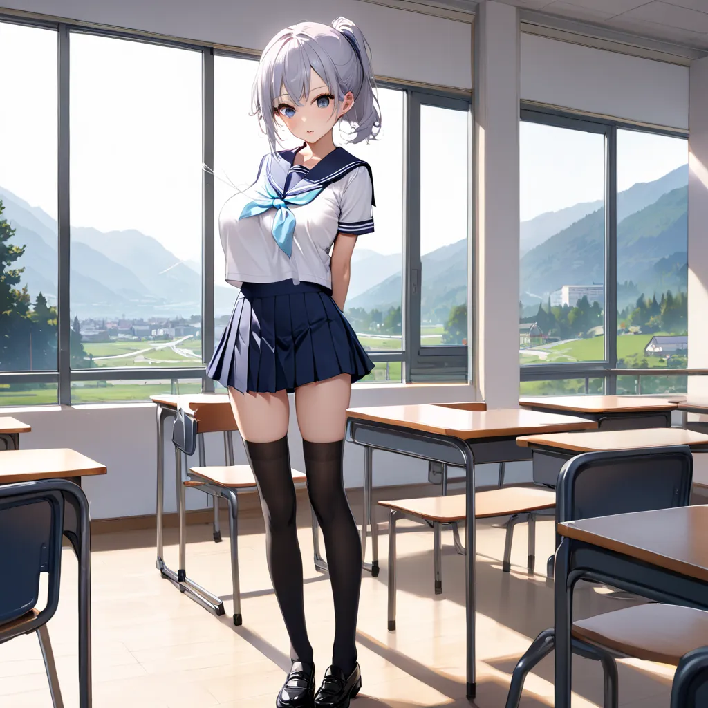 masterpiece, landscape, school, (longtorso_v0.63_pony), large breasts, BREAK, very skinny girl standing, arched back, tiptoe, pigeon toed, BREAK, school uniform, (sailor uniform), flapping too short skirt, thigh gap, black thighhighs, BREAK, (bouncing unal...