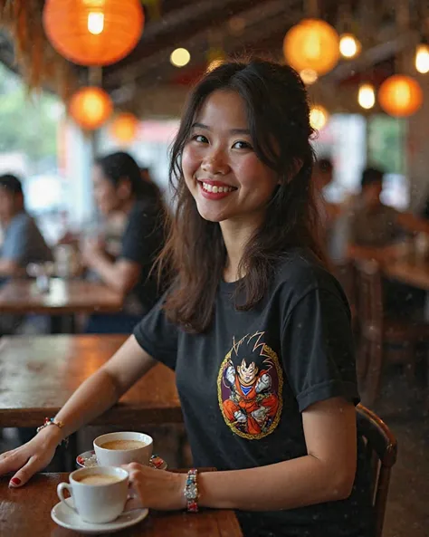 Seorang wanita Indonesia mengenakan kaos hitam dengan variasi gambar dragon ball ditengah kaos  memakai celana pensil hitam memakai sepatu bot merah duduk di sebuah warung didepan meja terdapat segelas kopi ☕ dengan latar belakang perkotaan yg sepi dengan ...