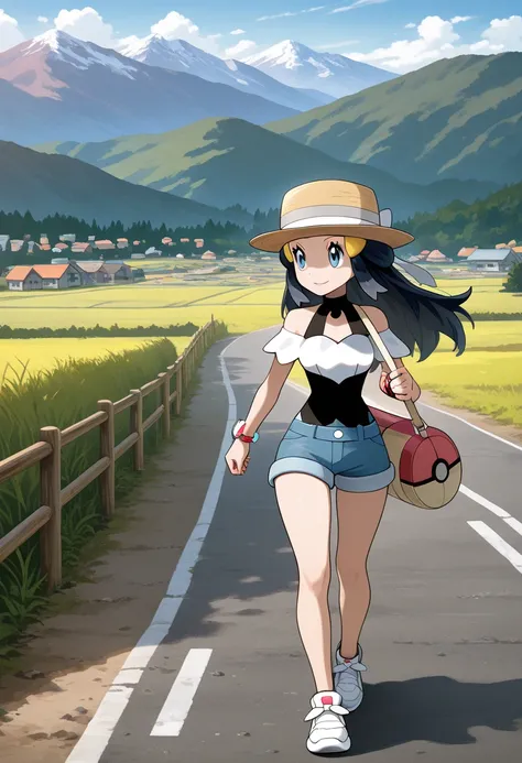 masterpiece, best quality, amazing quality, very aesthetic, absurdres, newest, scenery,highly detailed,high-resolution,female,woman,dawn/hikari,pokemon diamond pearl,dark-navy hair,long hair,aquamarine eyes,fair skin,glossy texture,pink lips,A straw boater...