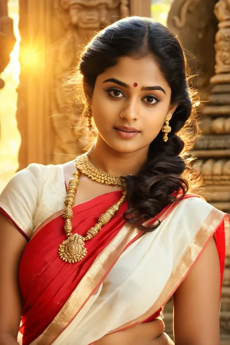 A realistic Malayalam actress Mamitha wearing a loose white and red saree with half neck blouse, standing by a temple courtyard, with ornate carvings and ancient stone sculptures in the background, soft golden sunlight illuminating her face.