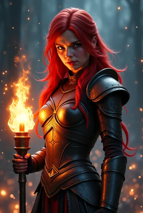 The zodiac sign is a lion if you were a red-haired warrior girl in the background of the night, full-length full face with a torch