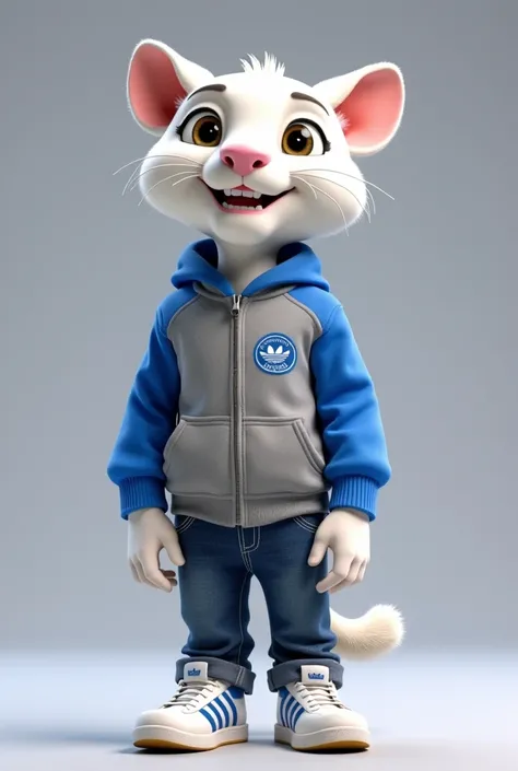 A young and happy white panther animated Disney Pixar dressed in a gray jacket with blue style sports jacket with gray sleeves,with a school logo on the left side,wearing denim pants with white Adidas sneakers