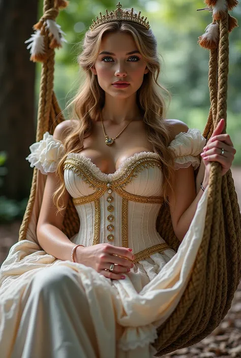 A mature Russian princess from the Victorian era, with a very full body with huge breasts and a majestic beauty that reflects luxury and prestige.. She sits gracefully on a decorative hammock hanging from a huge tree in a royal garden.. She wears luxurious...