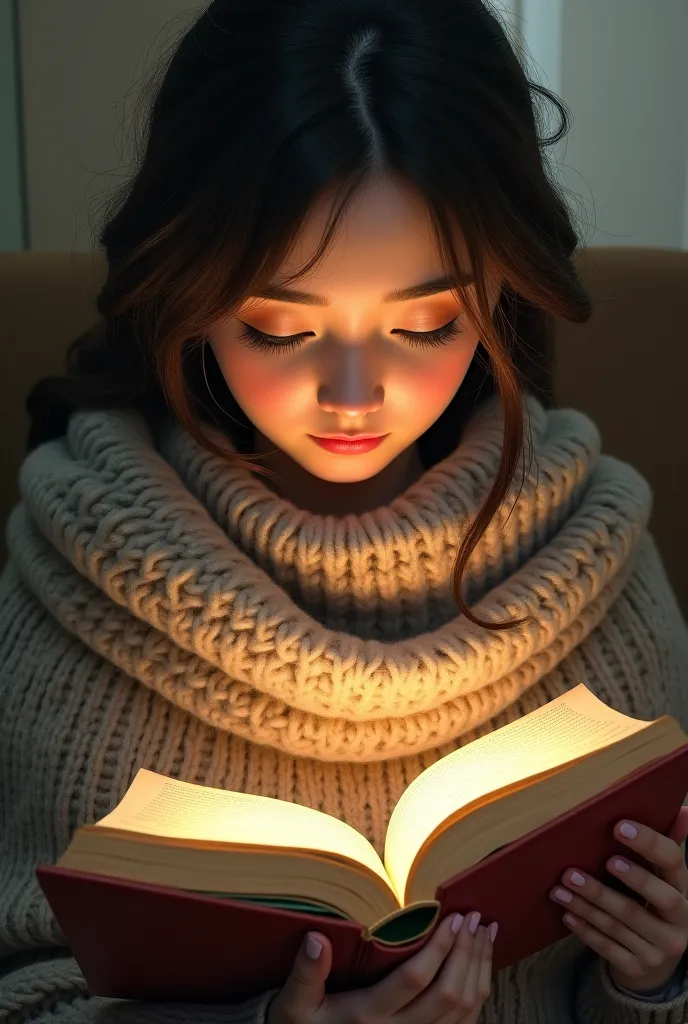 girl, wrapped in a scarf, I read a book. 