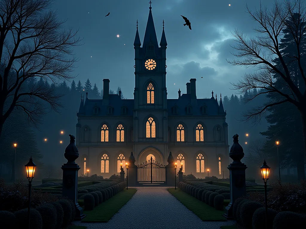 The institute rises majestically under the night sky, their imposing silhouette standing out against the darkness dotted with stars. Neo-Gothic architecture, with slender towers and pointed arches, is shrouded by a light mist that snakes between dark stone...