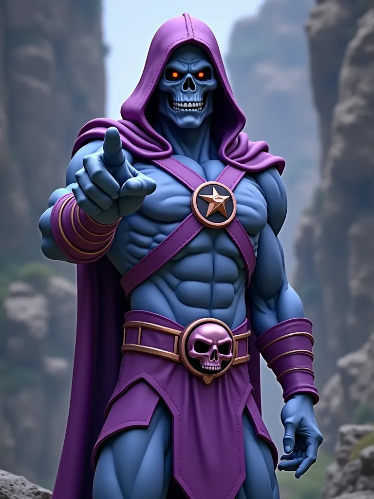 Create an image of the character Skeletor that appeared in the He-Man comic,  with purple suit , Cadaverous face, black belt with skull, pointing the finger forward. 90's style animated image in 4K, masterpiece in high quality 4K, very detailed.